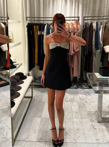 A Line Spaghetti Strap Silver Sequin Black Satin Homecoming Dress Cocktail Dress DP3163
