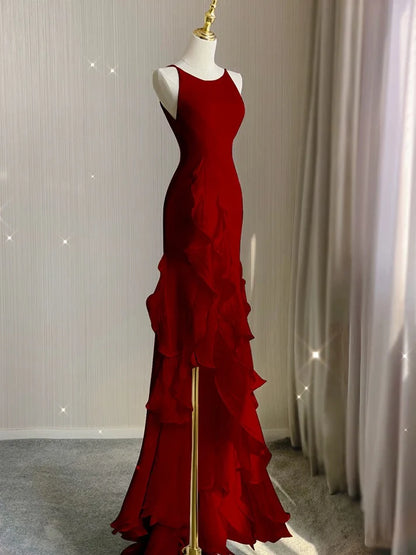 Simple Black Mermaid Spaghetti Strap Ruffle Chiffon Open Back Long Prom Dress Party Dress DP4125