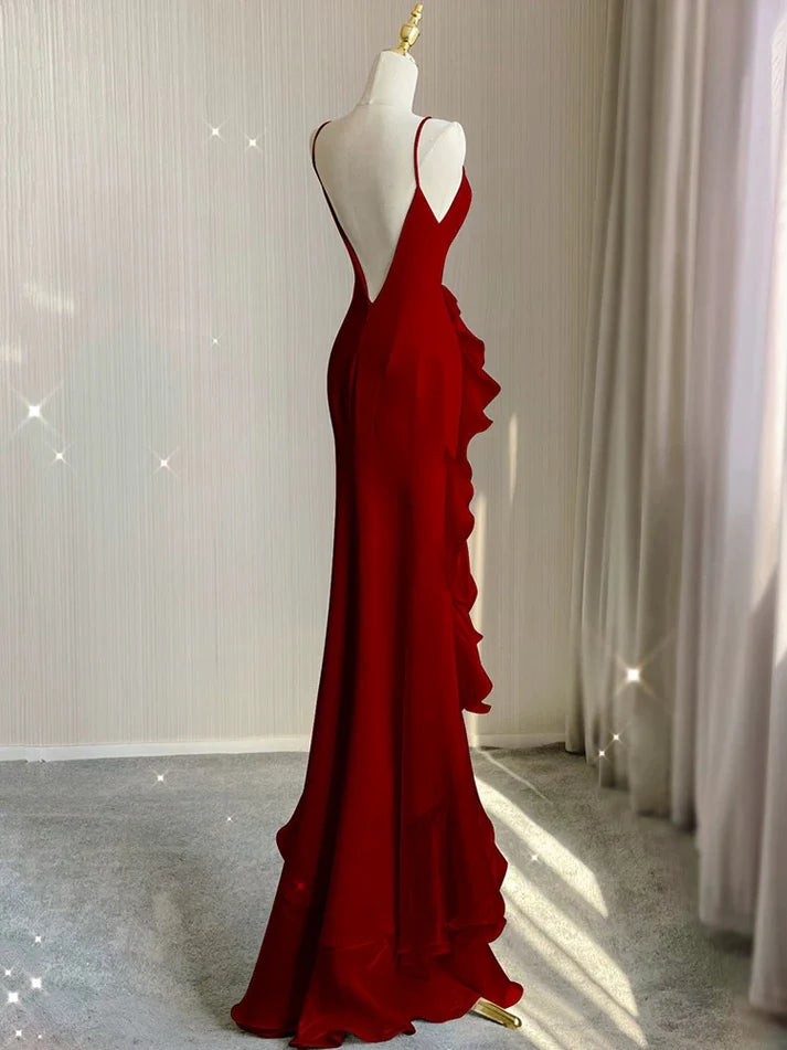 Simple Black Mermaid Spaghetti Strap Ruffle Chiffon Open Back Long Prom Dress Party Dress DP4125