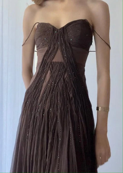 Vintage Brown A Line Spaghetti Strap Beaded Chiffon Long Prom Dress Party Dress DP4124