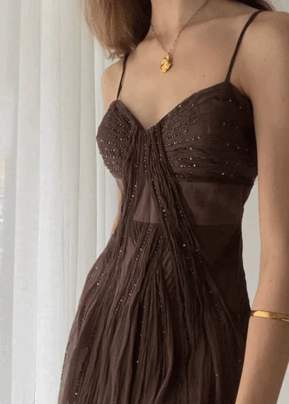 Vintage Brown A Line Spaghetti Strap Beaded Chiffon Long Prom Dress Party Dress DP4124
