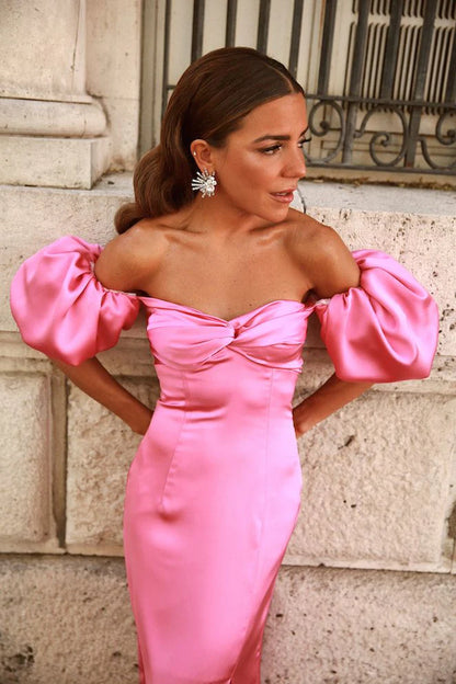 Gentle Pink Sheath Off the Shoulder Satin Long Prom Dress with Slit DP4123
