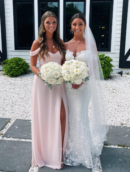 Gentle Light Pink A Line Off the Shoulder Chiffon Long Bridesmaid Dress with Slit DP4968