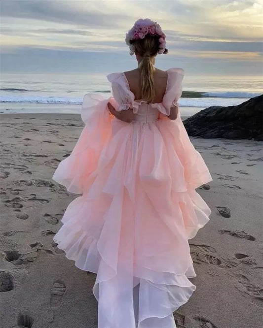 Light Pink A Line Puff Sleeves Tulle Long Prom Dresses With Slit DP890