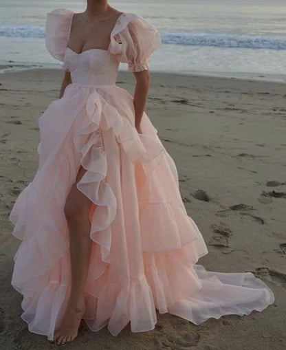 Light Pink A Line Puff Sleeves Tulle Long Prom Dresses With Slit DP890