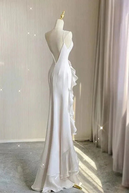 Simple Black Mermaid Spaghetti Strap Ruffle Chiffon Open Back Long Prom Dress Party Dress DP4125