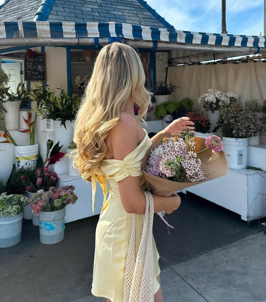 Light Yellow Sheath Off the Shoulder Satin Short Homecoming Dress Outfits DP1504