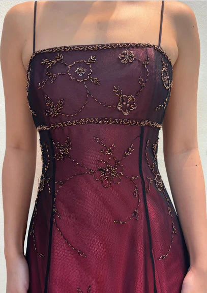 Burgundy Ombre Exquisite Beaded A Line Spaghetti Strap Satin Chiffon Prom Dress Evening Dress DP3162