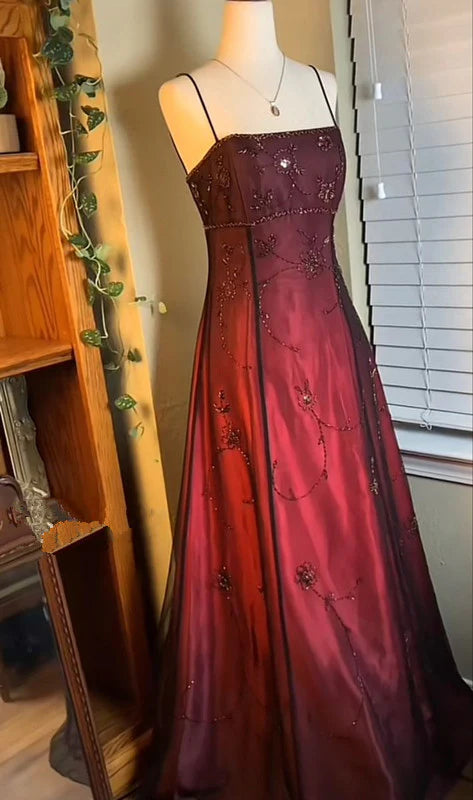 Burgundy Ombre Exquisite Beaded A Line Spaghetti Strap Satin Chiffon Prom Dress Evening Dress DP3162