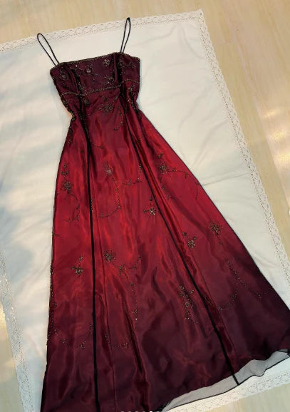 Burgundy Ombre Exquisite Beaded A Line Spaghetti Strap Satin Chiffon Prom Dress Evening Dress DP3162