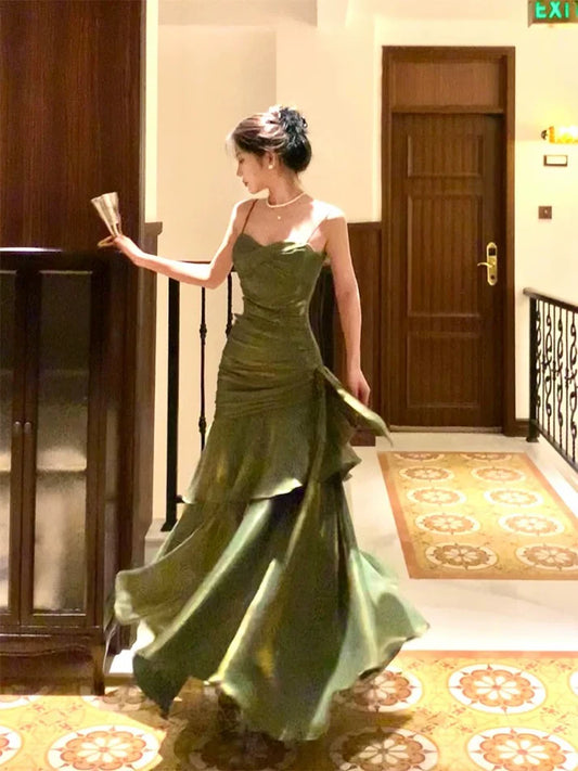Pretty Mermaid Spaghetti Straps Olive Green Long Prom Dresses Evening Gowns DP893