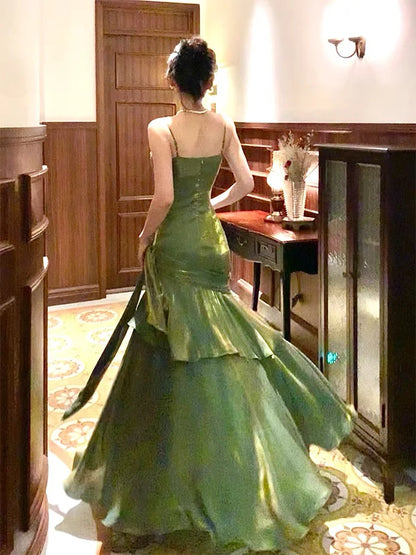 Pretty Mermaid Spaghetti Straps Olive Green Long Prom Dresses Evening Gowns DP893
