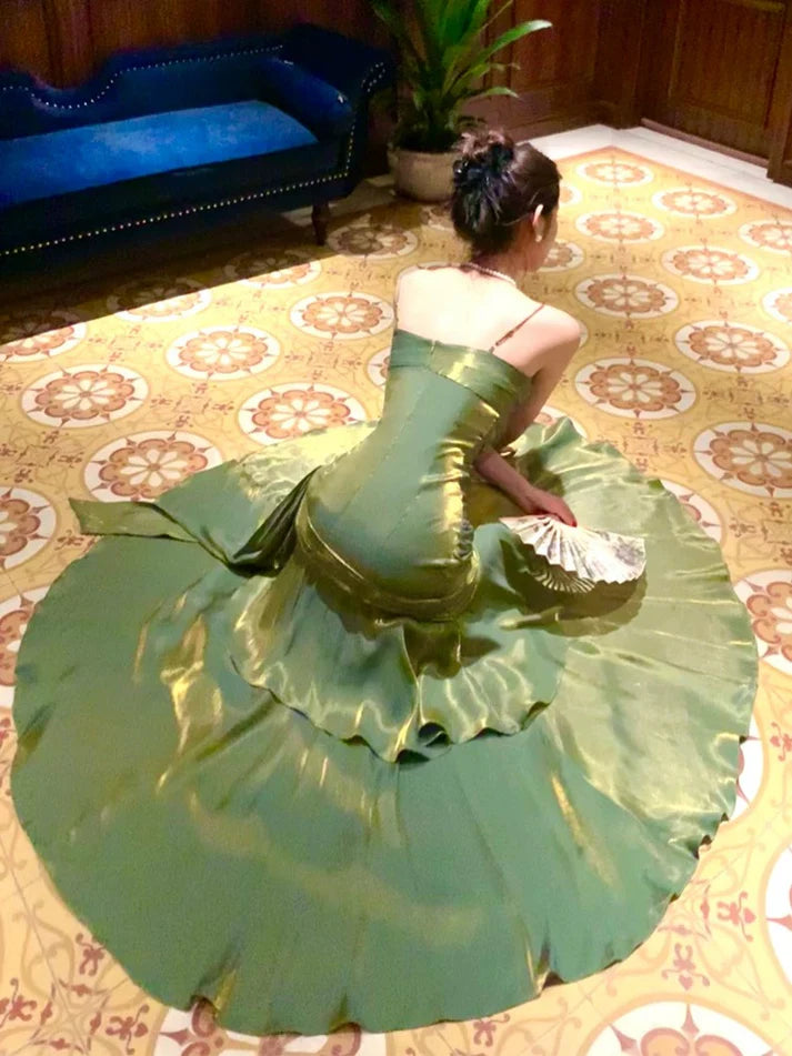Pretty Mermaid Spaghetti Straps Olive Green Long Prom Dresses Evening Gowns DP893