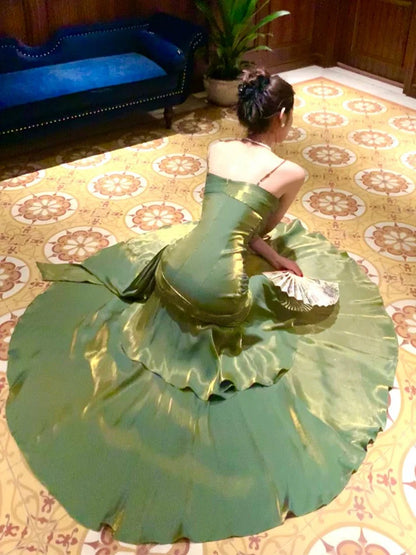Pretty Mermaid Spaghetti Straps Olive Green Long Prom Dresses Evening Gowns DP893