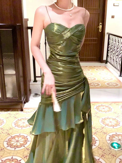 Pretty Mermaid Spaghetti Straps Olive Green Long Prom Dresses Evening Gowns DP893
