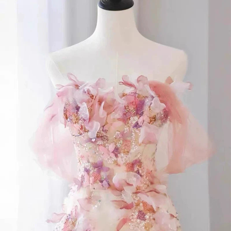 Elegant A Line Off-the-shoulder Floral Pink Tulle Prom Dresses DP1002