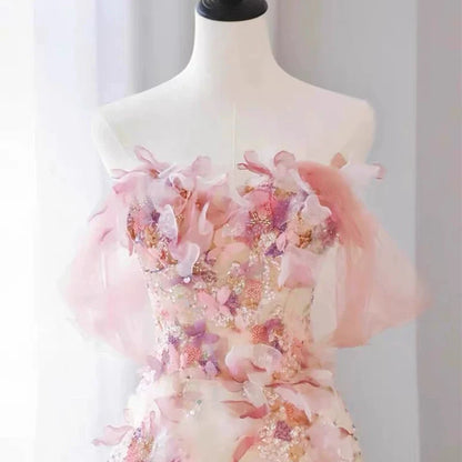 Elegant A Line Off-the-shoulder Floral Pink Tulle Prom Dresses DP1002