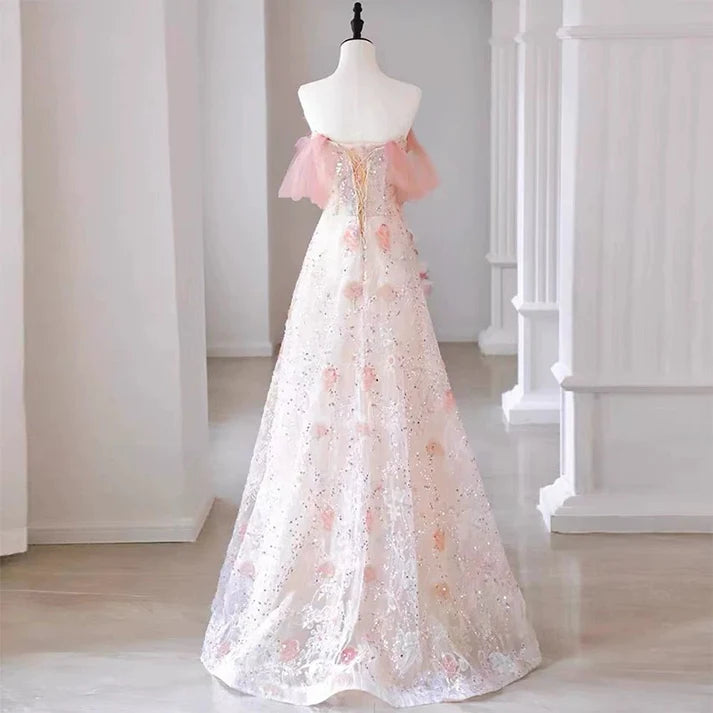 Elegant A Line Off-the-shoulder Floral Pink Tulle Prom Dresses DP1002