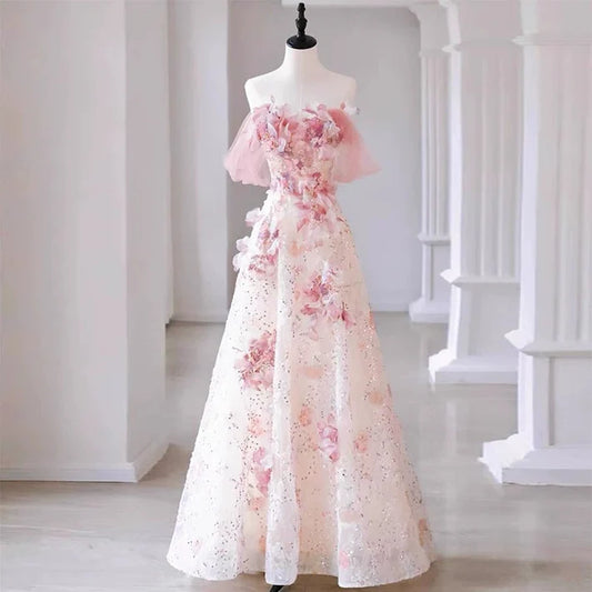 Elegant A Line Off-the-shoulder Floral Pink Tulle Prom Dresses DP1002