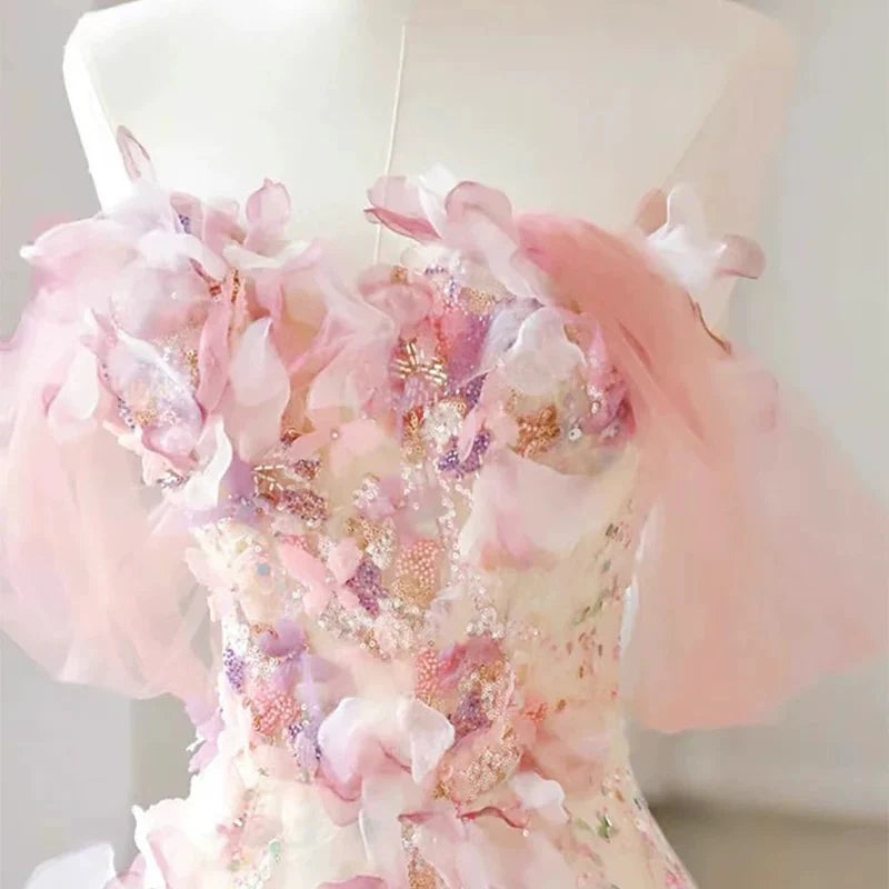 Elegant A Line Off-the-shoulder Floral Pink Tulle Prom Dresses DP1002