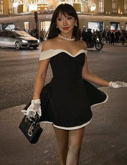 Classic Black-White A Line Off the Shoulder Satin Short Homecoming Outfits DP4260