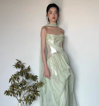 Sage Green A Line Strapless Pleated Chiffon Satin Prom Dress Evening Dress Formal Dress DP3157