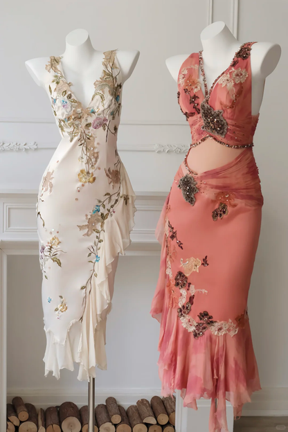 Vintage Ivory Sheath V Neck Embroidered Beaded Satin Short Prom Dress Homecoming Dress DP5444