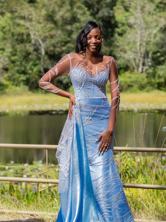 Gorgeous Mermaid Long Sleeve Sequin Blue Satin Long Prom Dress Evening Dress DP1894