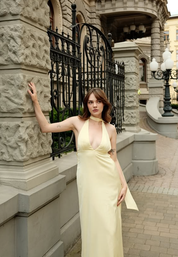 Simple Yellow A Line Halter Satin Open Back Prom Dress Evening Dress DP5403