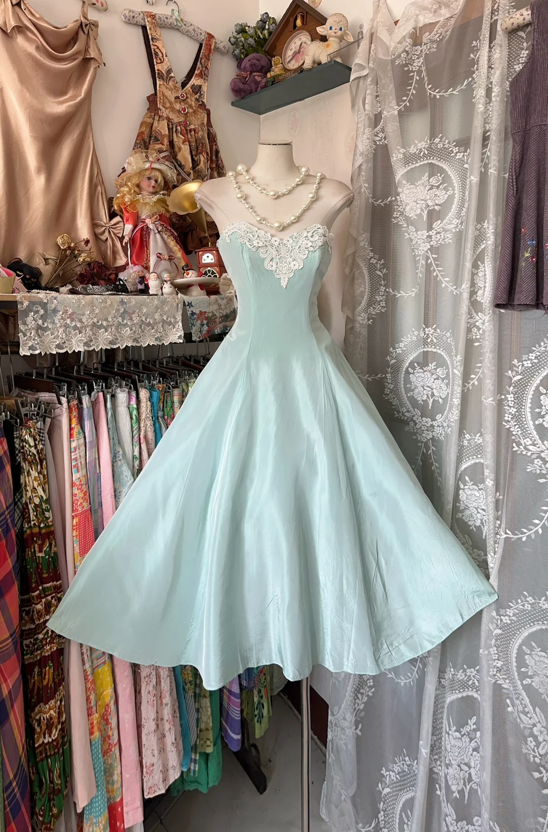 Cute Vintage A Line Strapless White Lace Teal Satin Prom Dress DP4853