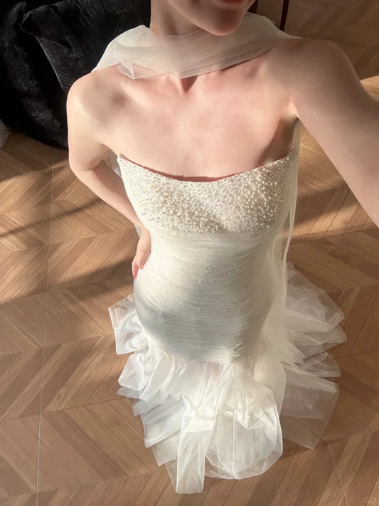 Stunning Elegant White Strapless Beaded Mermaid Tulle Wedding Dress Party Dress DP2961