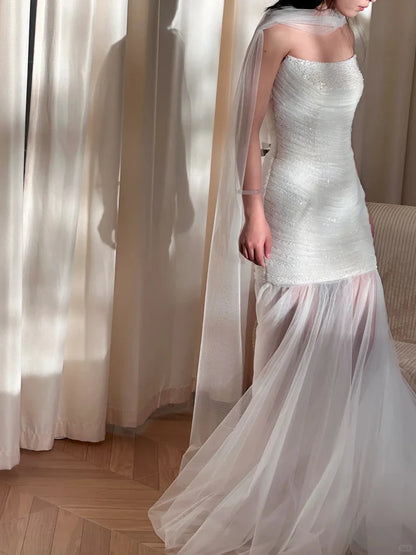 Stunning Elegant White Strapless Beaded Mermaid Tulle Wedding Dress Party Dress DP2961