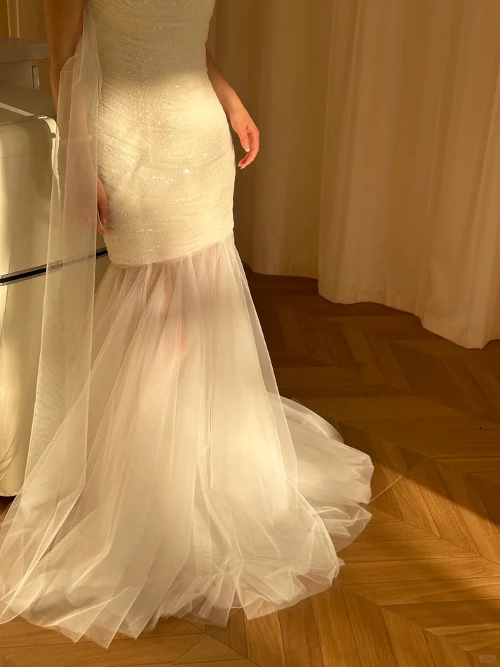 Stunning Elegant White Strapless Beaded Mermaid Tulle Wedding Dress Party Dress DP2961