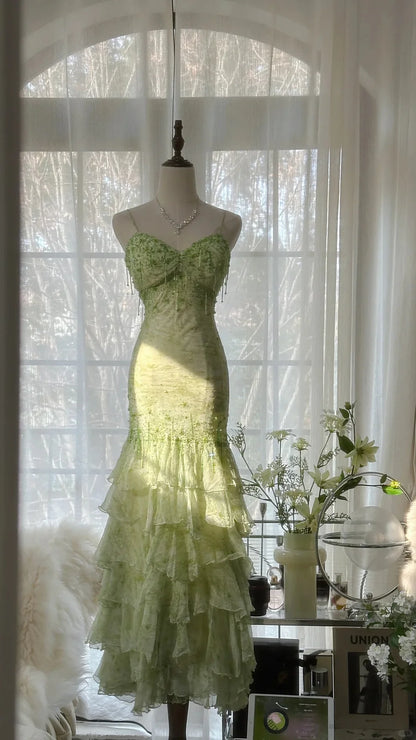 Fresh Green Beaded Mermaid Cake Skirt Prom Dress DP5748