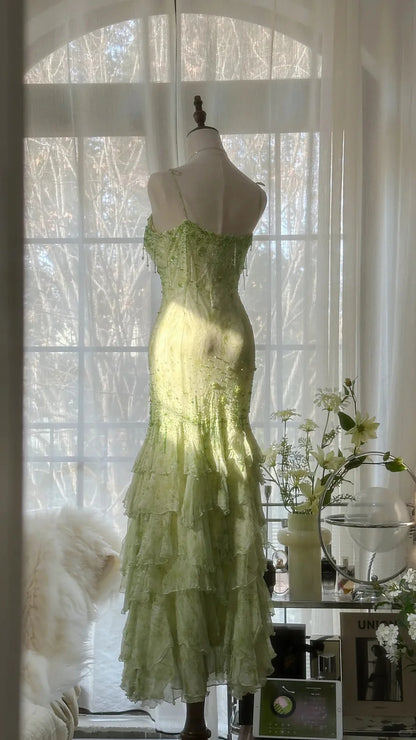 Fresh Green Beaded Mermaid Cake Skirt Prom Dress DP5748