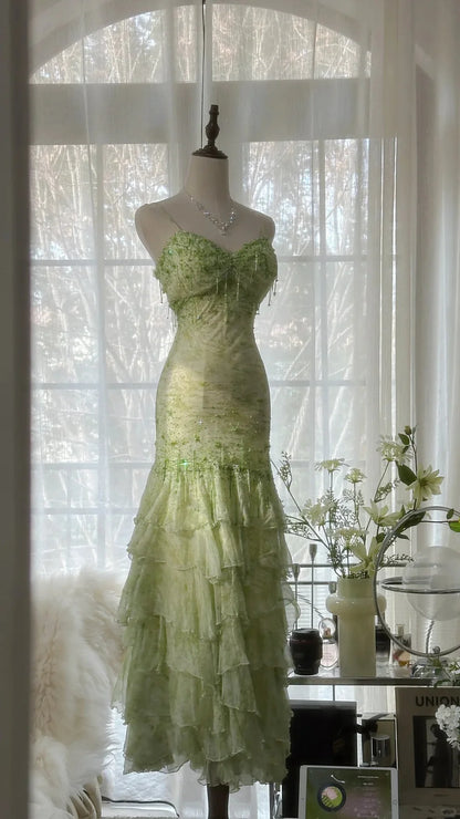 Fresh Green Beaded Mermaid Cake Skirt Prom Dress DP5748