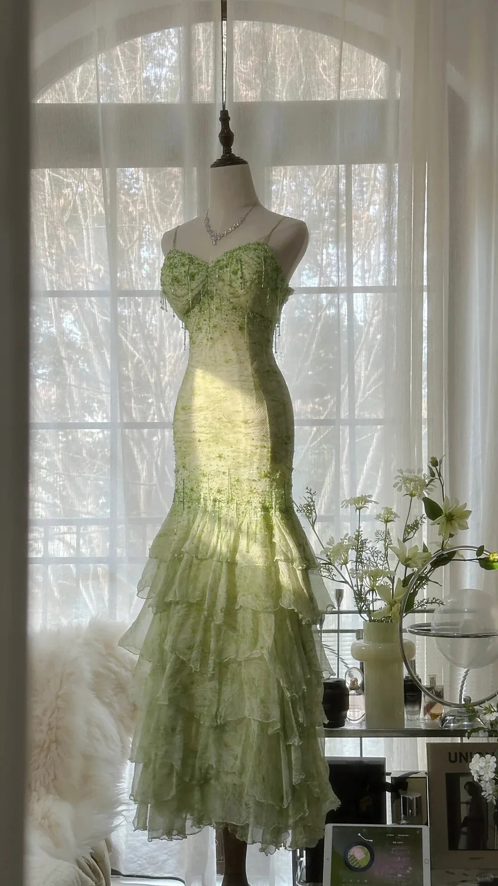 Fresh Green Beaded Mermaid Cake Skirt Prom Dress DP5748
