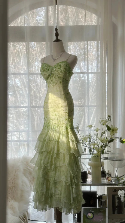 Fresh Green Beaded Mermaid Cake Skirt Prom Dress DP5748