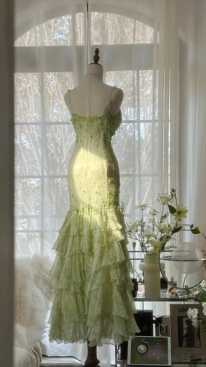 Fresh Green Beaded Mermaid Cake Skirt Prom Dress DP5748