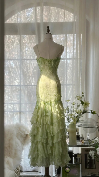 Fresh Green Beaded Mermaid Cake Skirt Prom Dress DP5748