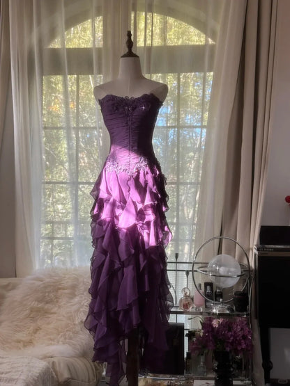 Retro Strapless Grape Purple Fungus Curled Skirt Chiffon Long Prom Dress DP5747