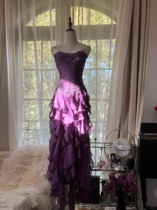 Retro Strapless Grape Purple Fungus Curled Skirt Chiffon Long Prom Dress DP5747
