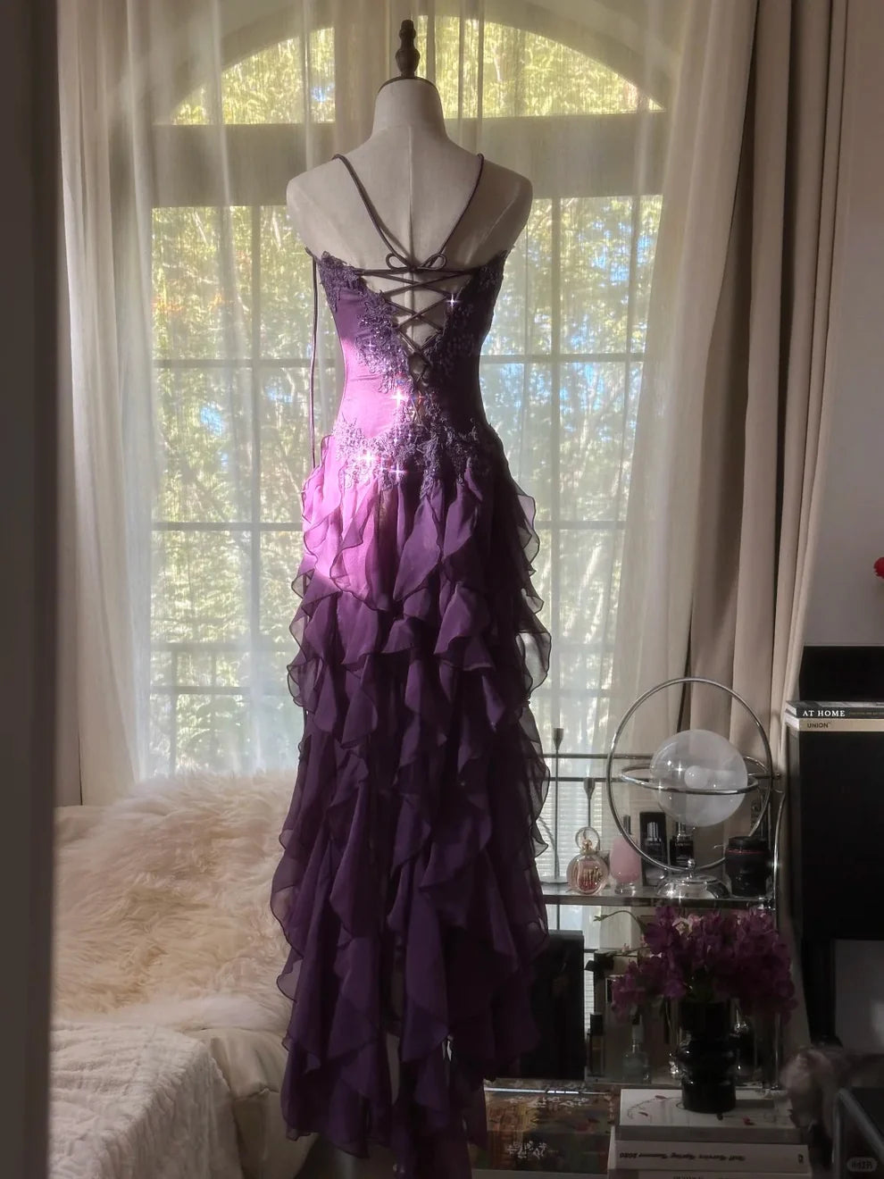 Retro Strapless Grape Purple Fungus Curled Skirt Chiffon Long Prom Dress DP5747