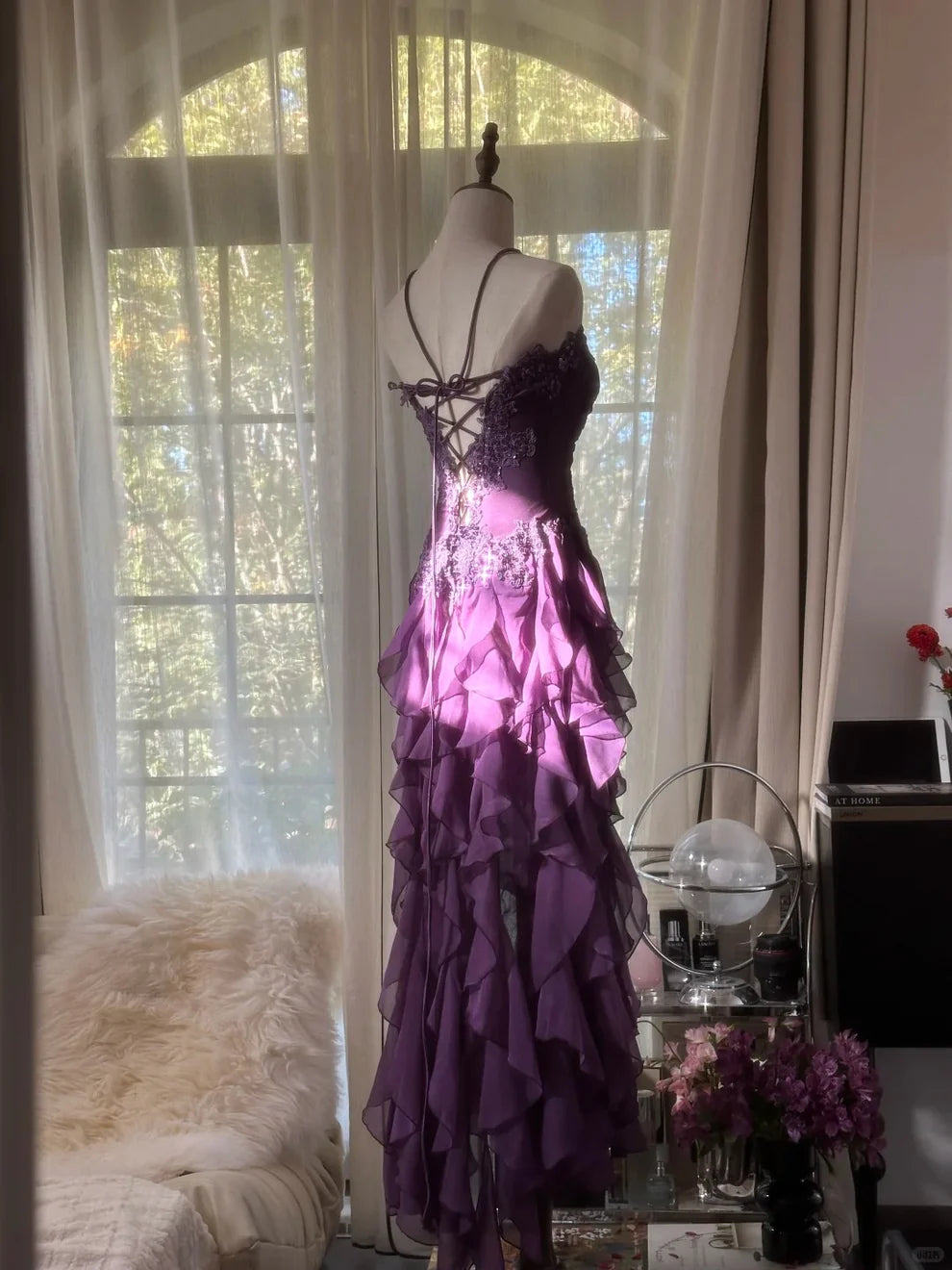 Retro Strapless Grape Purple Fungus Curled Skirt Chiffon Long Prom Dress DP5747