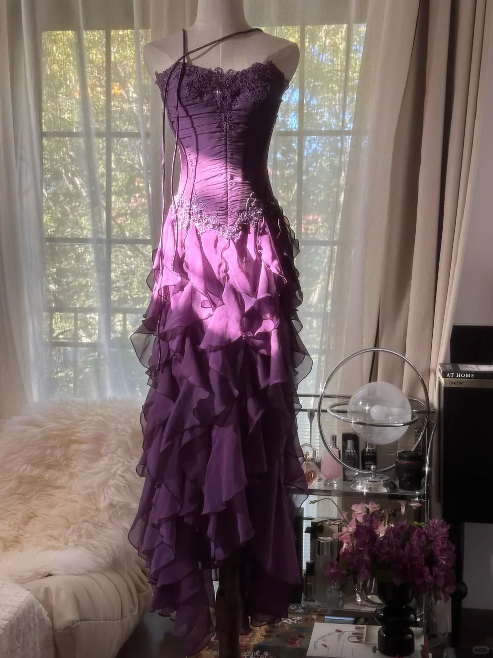 Retro Strapless Grape Purple Fungus Curled Skirt Chiffon Long Prom Dress DP5747