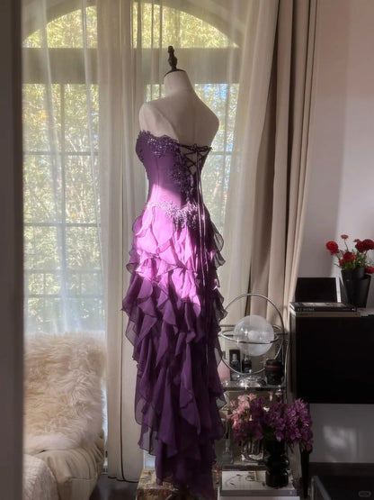 Retro Strapless Grape Purple Fungus Curled Skirt Chiffon Long Prom Dress DP5747
