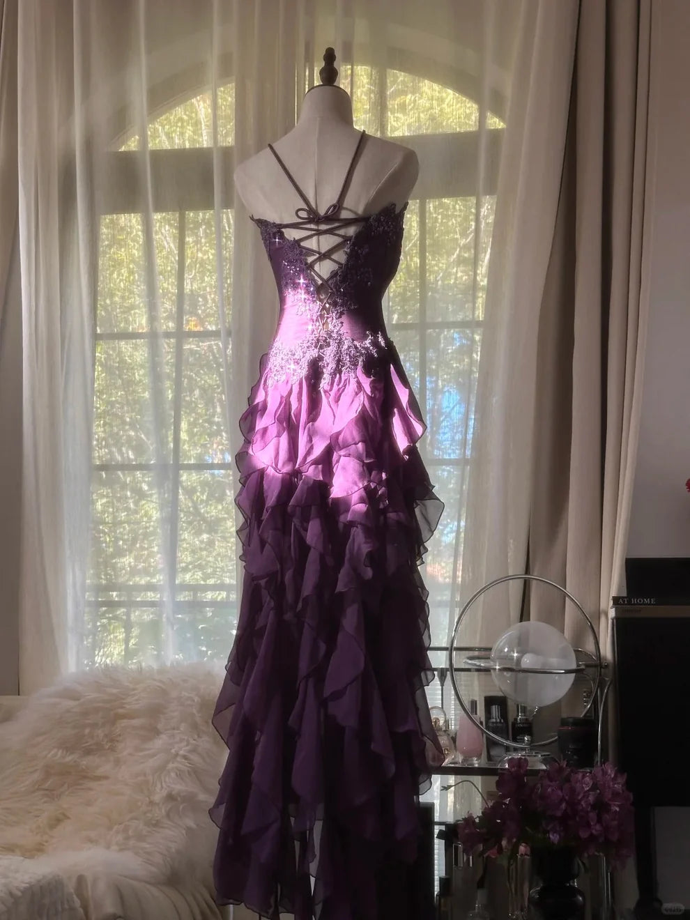 Retro Strapless Grape Purple Fungus Curled Skirt Chiffon Long Prom Dress DP5747