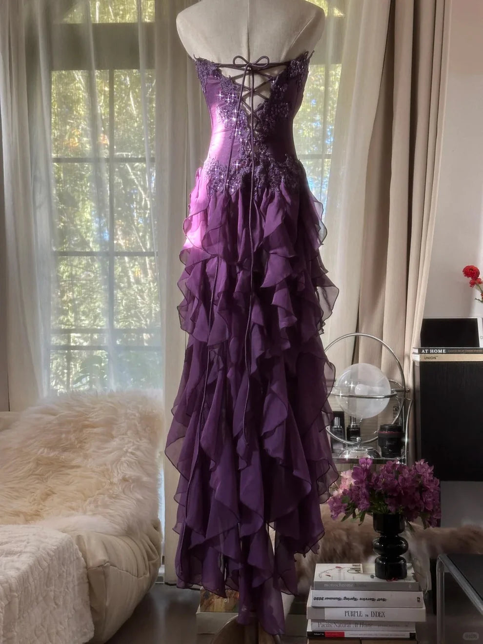 Retro Strapless Grape Purple Fungus Curled Skirt Chiffon Long Prom Dress DP5747