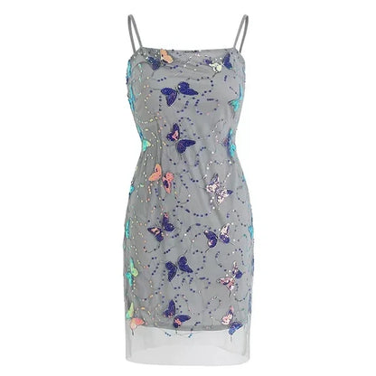 Elegant Sparkling Light Blue Spaghetti Strap Sequin Butterfly Design Party Dress Homecoming Dress DP7554