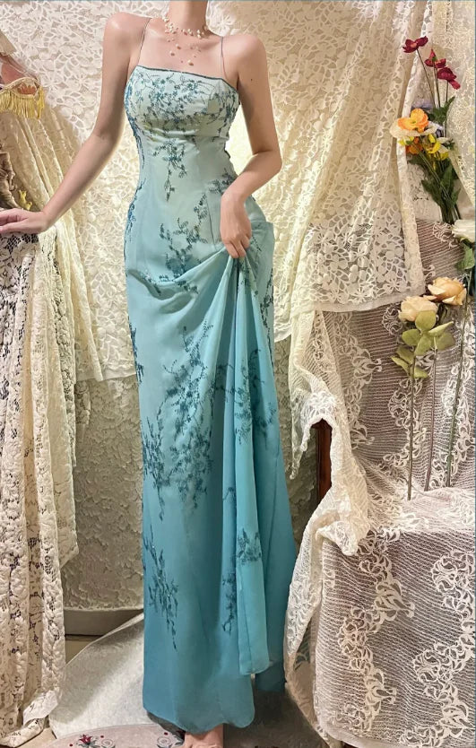 Elegant Gradient Blue Oil Painting Beaded Long Prom Dress DP4121